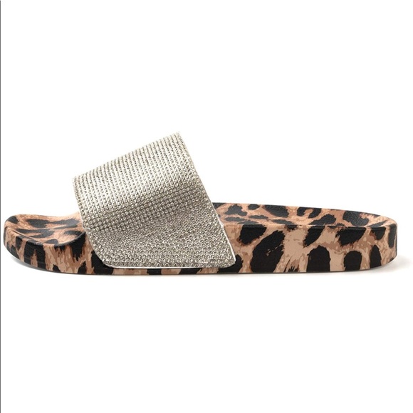 NWT Women's Slides Leopard Rhinestone Glitter Slip On Footbed Platform Sandals - Picture 2 of 10